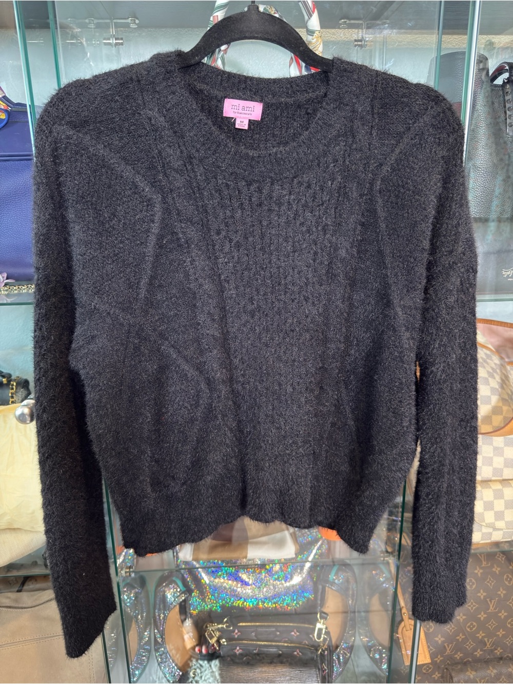 miami Black Fuzzy Crewneck Sweater with Cable Panel